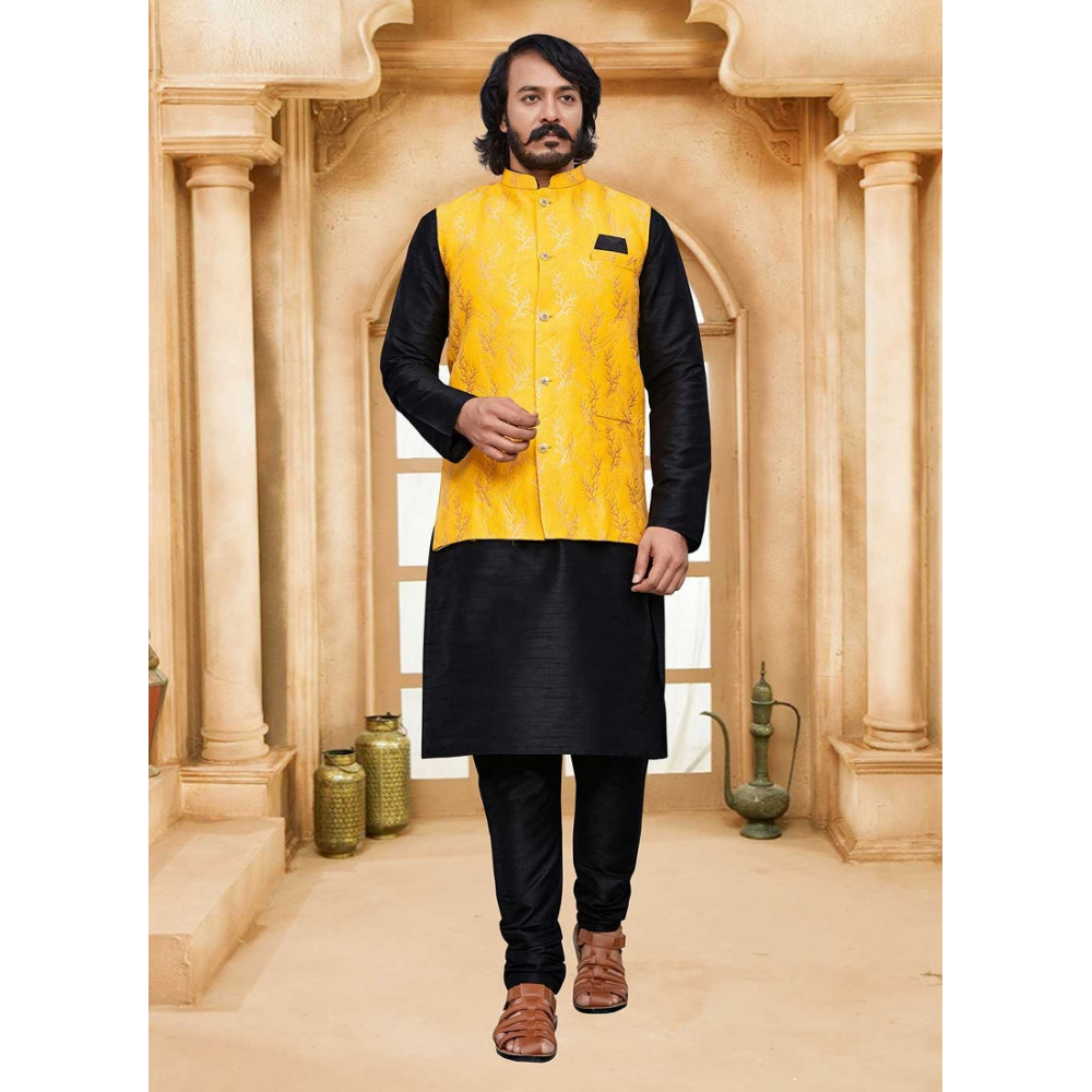 Black kurta pajama with yellow jacket clearance